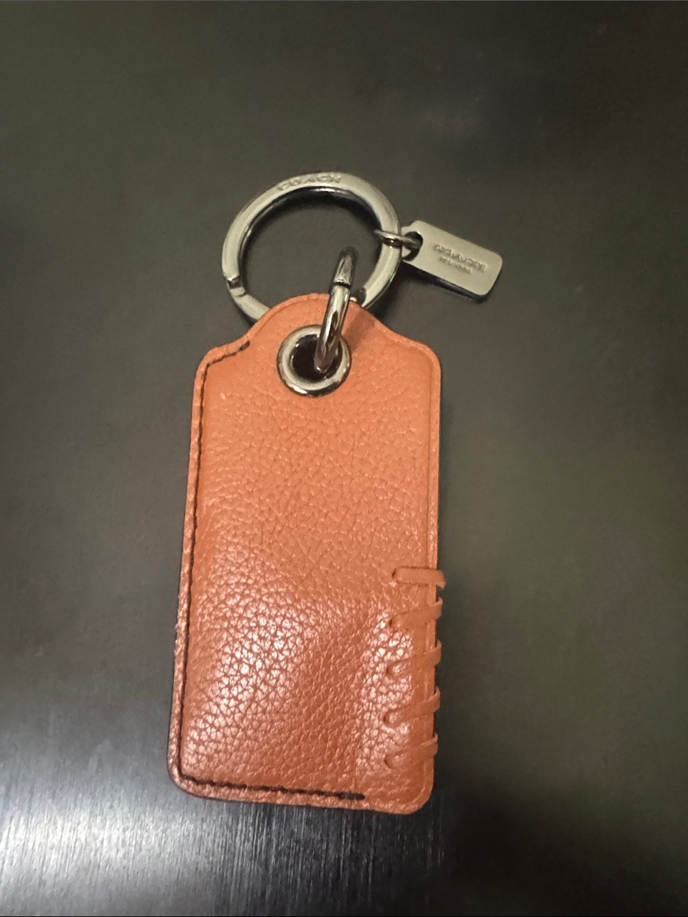 Coach Leather Key Tag in Saddle Brown with Gunmetal Hardware and Bottle Opener